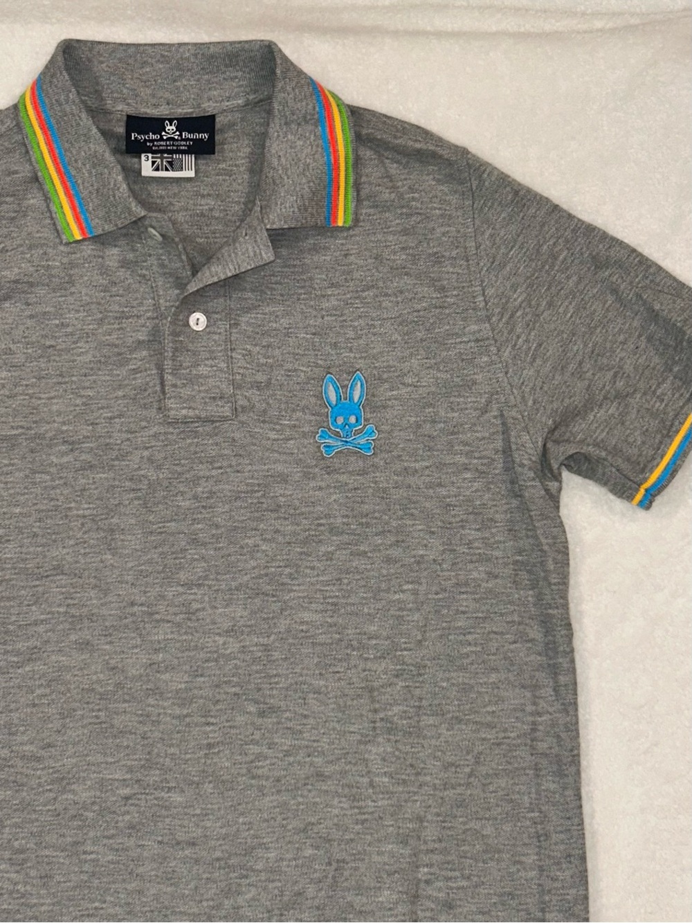 Psycho Bunny Gray Polo Shirt rainbow-striped collar & cuffs men’s size 3 XS